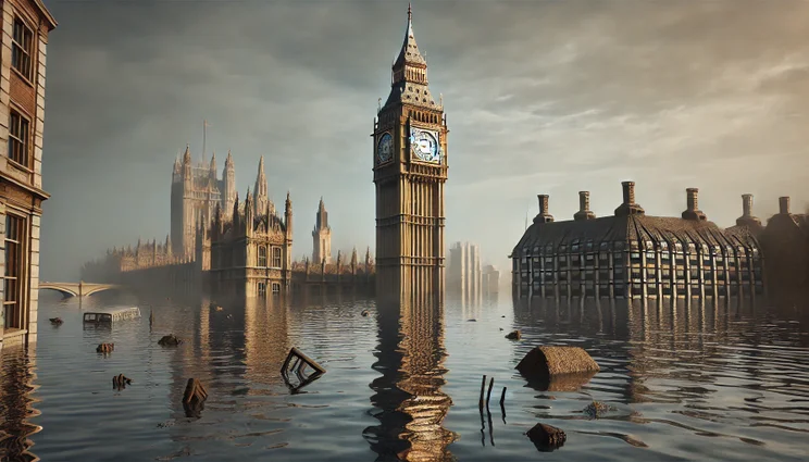 AI generated image of Big Ben to highlight the effects of climate change by 2100
