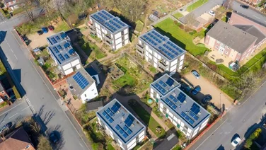 a bird's eye view of houses in Yorkshire with solar panels on them
