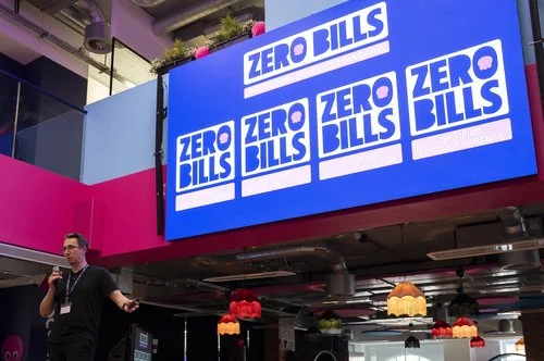 A billboard that says 'Zero Bills'