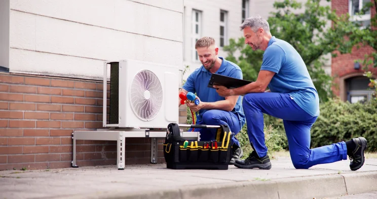 Two men fixing a heat pump