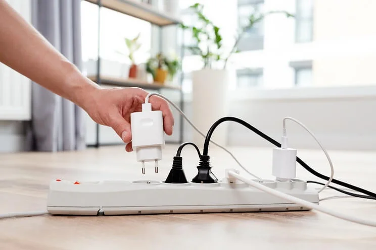 man's hand putting plug into an outlet extension