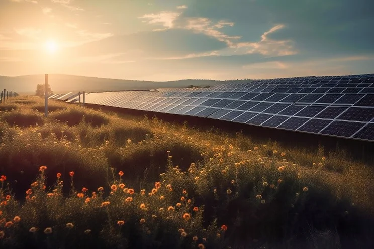A view of solar panels in a field of wildflowers on a sunny day