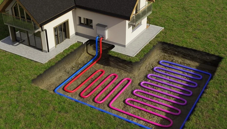 3D rendering of a horizontal ground source heat pump installation. A cross section of the underground pipes is visible, with blue and red shading using to denote differences in heat.