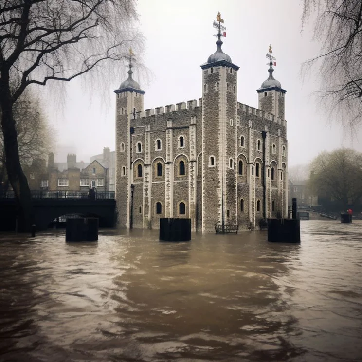 Ai-generated image of a flooded Tower of London. Water surrounds the tower.