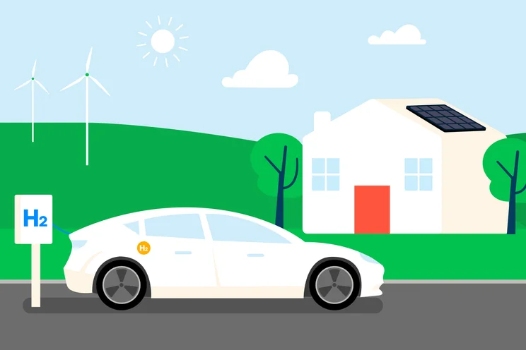 Graphic showing a car parked next to a hydrogen refuelling point, with a house in the background