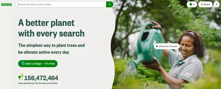 Ecosia green search engine web page