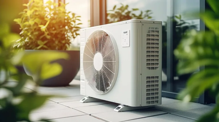 An air source heat pump unit installed outside a residential building