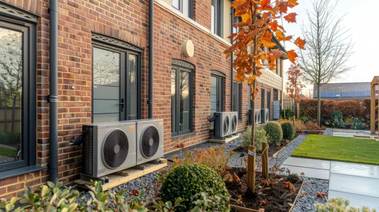 Heat pumps outside a residential building