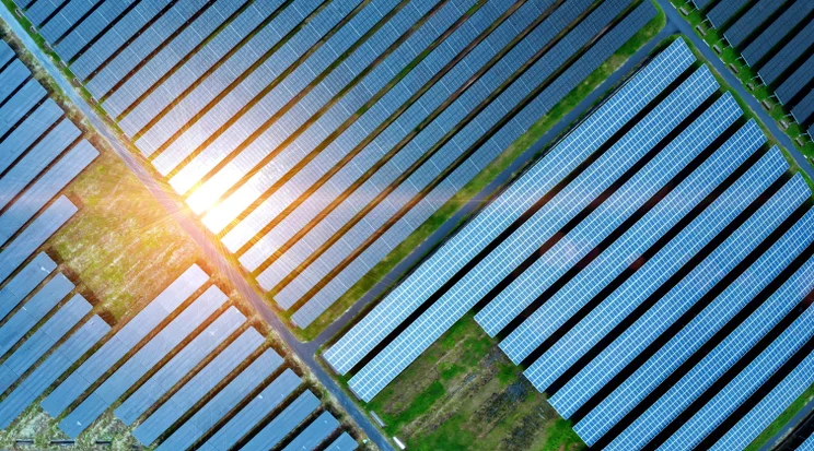 An aerial view of a solar farm