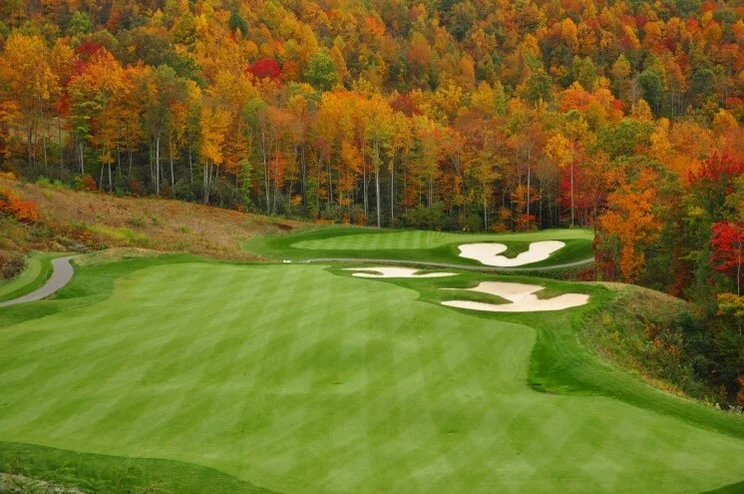 a bird's-eye view of a golf course next to autumnal trees