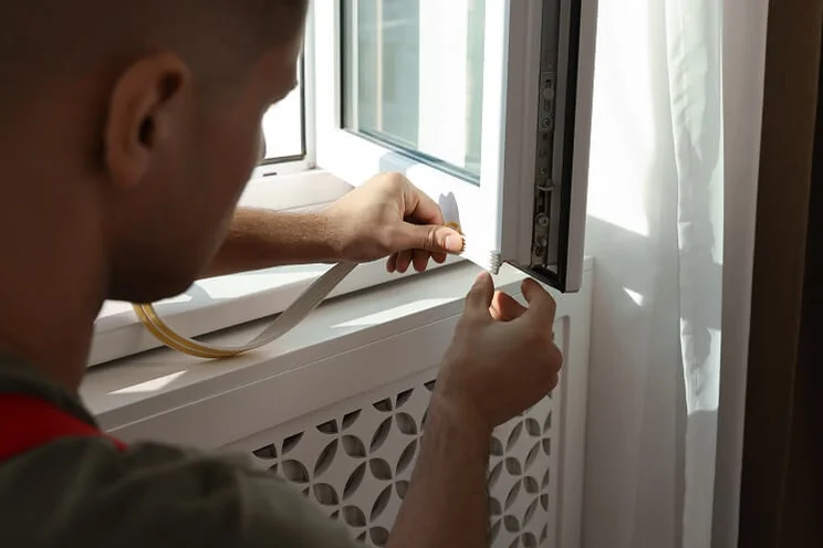 A view behind of someone putting excluder strips on an open double glazed window
