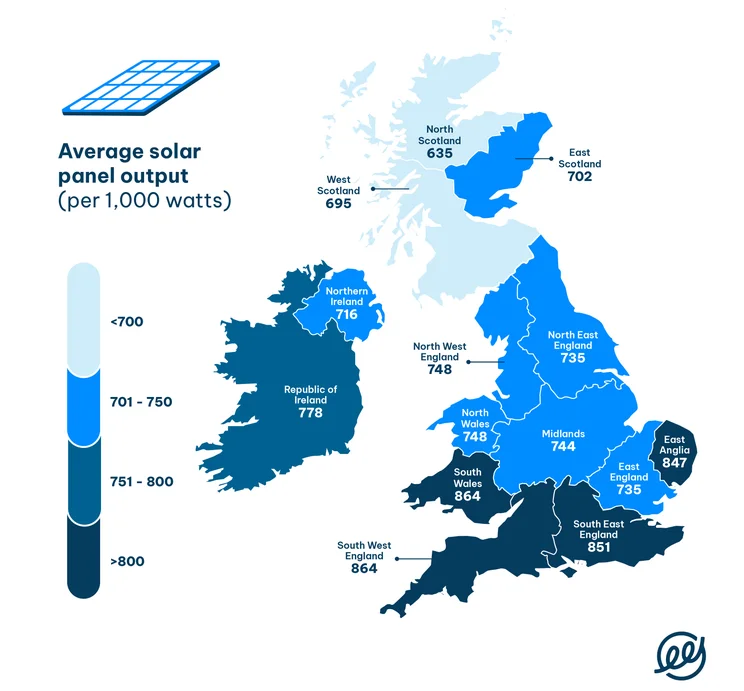 a map showing how solar panel output changes depending on where you live in the UK