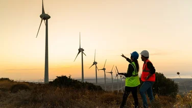 Two people in high vis jackets pointing at wind turbines in the distance at sunset