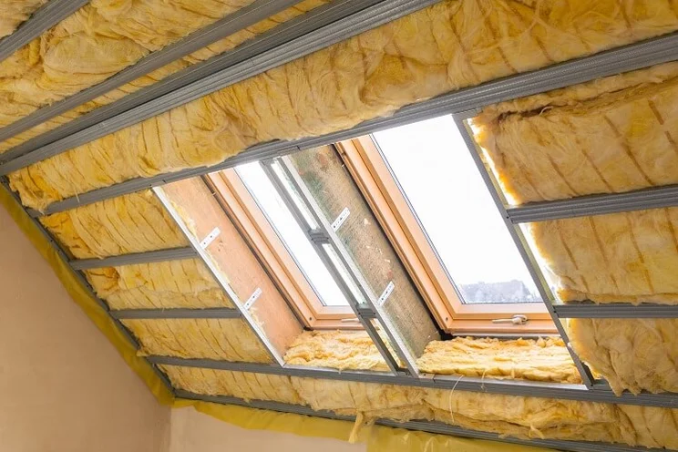 A room with wool insulation and two velux-style windows.
