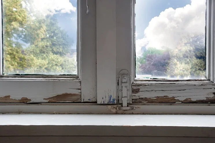old rotting white wooden windows picture from inside of a house