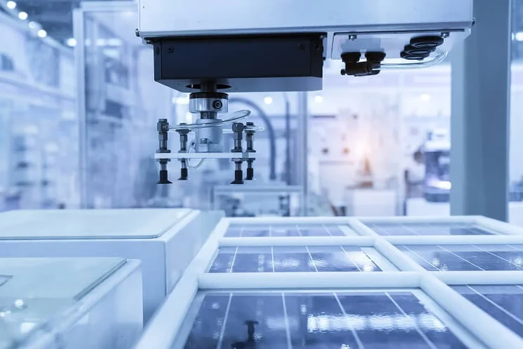 solar panels on a lab table with machine hovering over