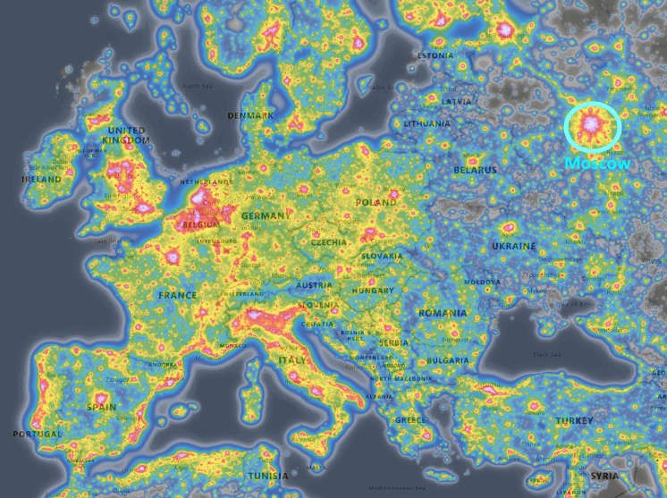 map of light pollution across Europe