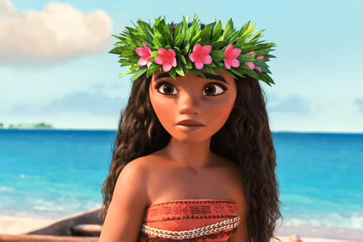 moana from disney film moana, against a blue sky and sea
