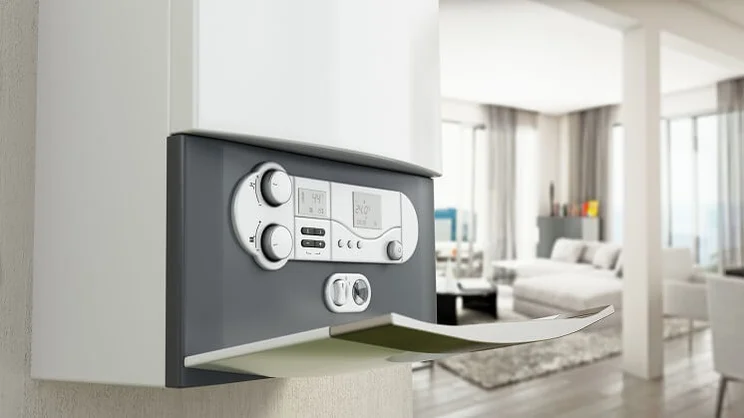 Combi boiler on the wall with contemporary living room view