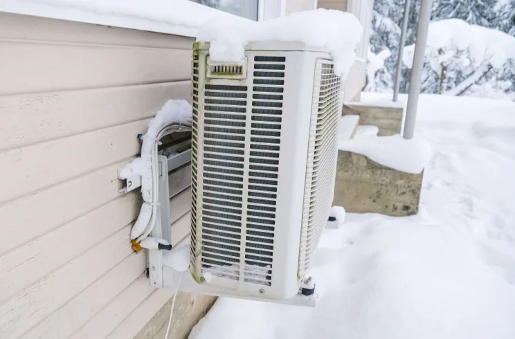heat pump on wall in the snow