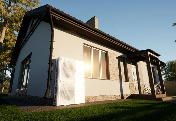 house next to an air source heat pump in a garden against a blue sky