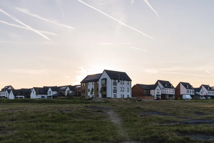 solar panels on houses in the Waverley residential estate near Sheffield, at sunset