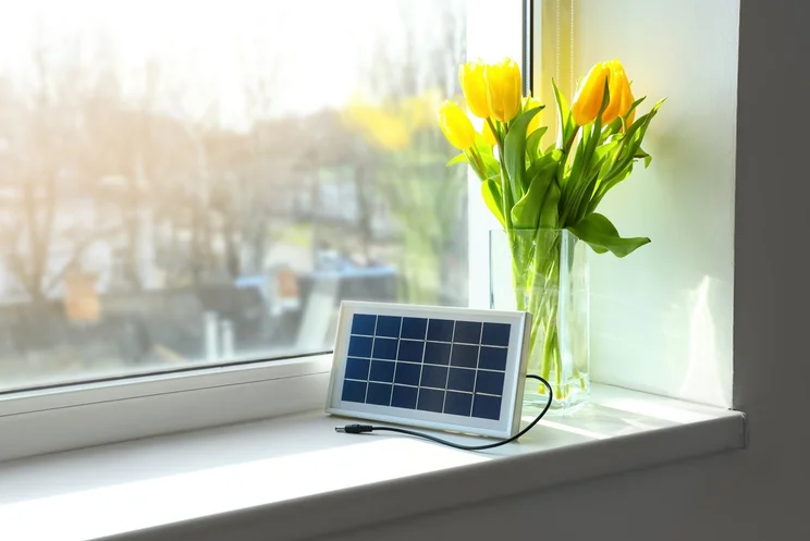 A small solar panel on a window shelf.