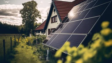 Home in the countryside with solar panels on the roof