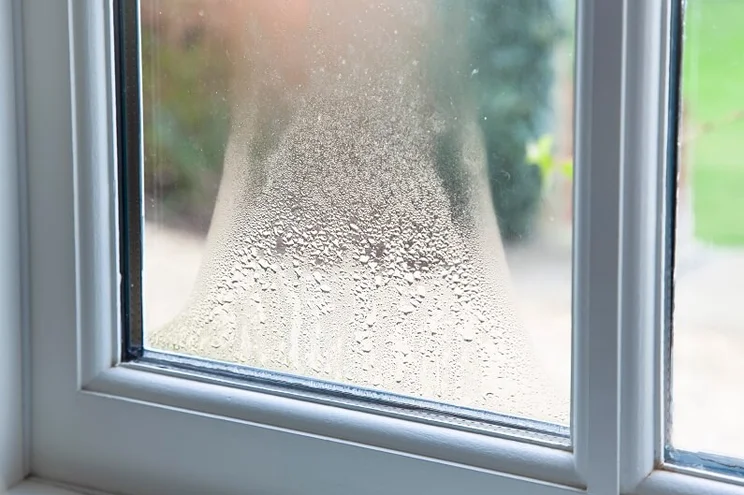 Condensation on a double-glazed window with a white uPVC frame
