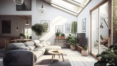 Natural light flooding into a living space through skylights