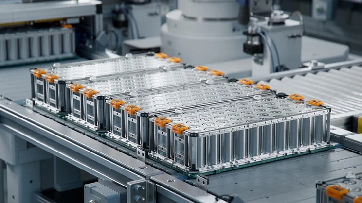 Electric vehicle battery on a production line in a factory