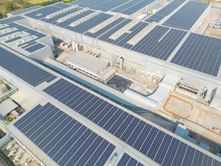 Solar panels covering a series of industrial buildings