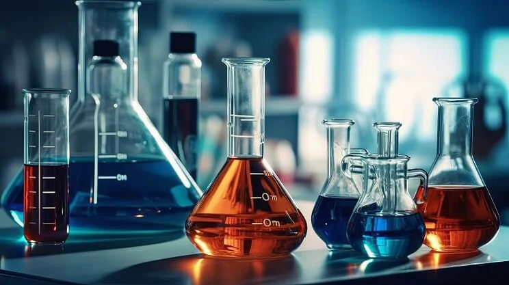 lab bottles filled with different coloured liquids on a table