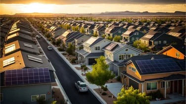 a bird's-eye view at sunset of a street with houses with solar panels on them