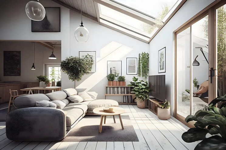 Natural light flooding into a living space through skylights