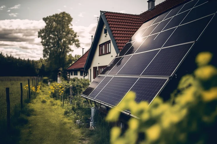 Home in the countryside with solar panels on the roof