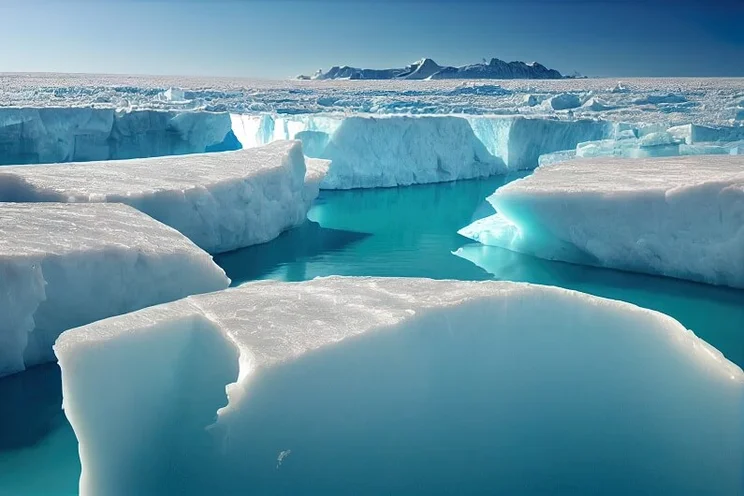 A series of broken up glaciers floating in artic waters, with a more complete ice shelf in the background. The sky is clear.
