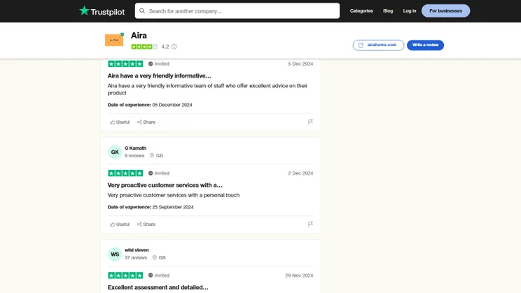 Screenshot of Aira Trustpilot reviews