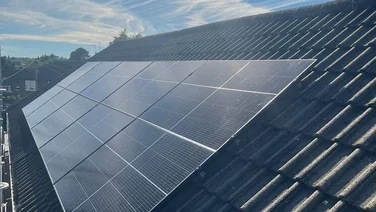 Close-up of solar panels on a roof in Harrogate, North Yorkshire, UK