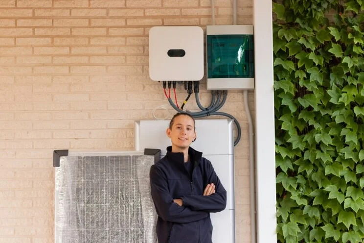 a person in a dark jacket crossing their arms and smiling in front of a solar battery system
