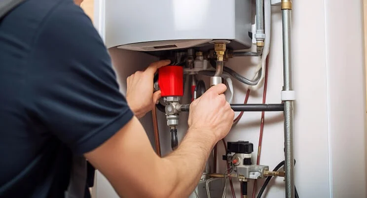 technician fixing pipes under a water heater