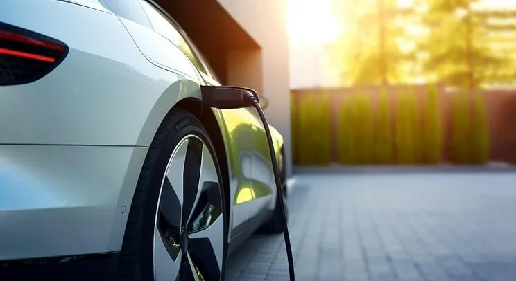 electric car plugged in and charging in driveway with sun shining through trees in background