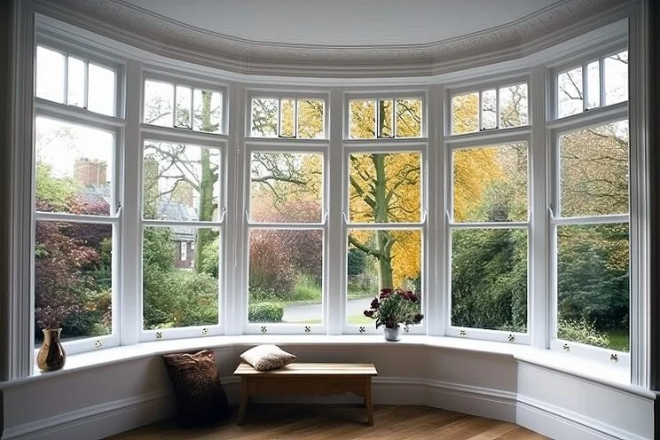 Shot of garden in autumn taken from inside through large bay windows with white frames