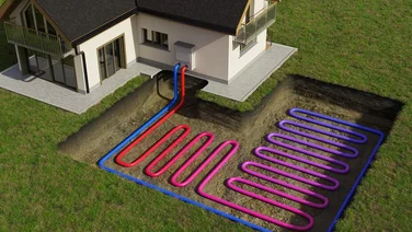 3D rendering of a horizontal ground source heat pump installation. A cross section of the underground pipes is visible, with blue and red shading using to denote differences in heat.