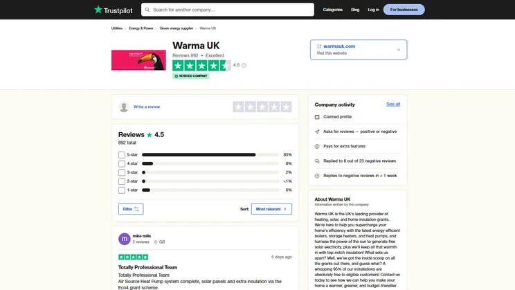 Warma UK reviews on Trustpilot, screenshot