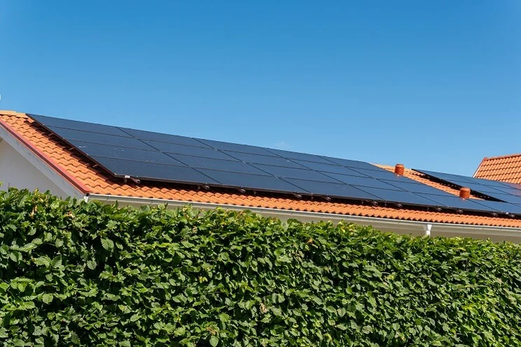 picture of solar panels on red-tiled roof of house, taken from behind hedge