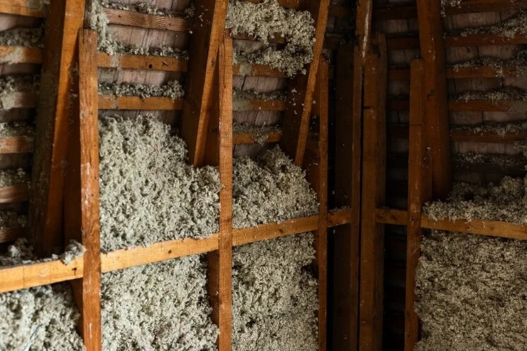 Loose grey wool used as wall insulation in between wooden frame