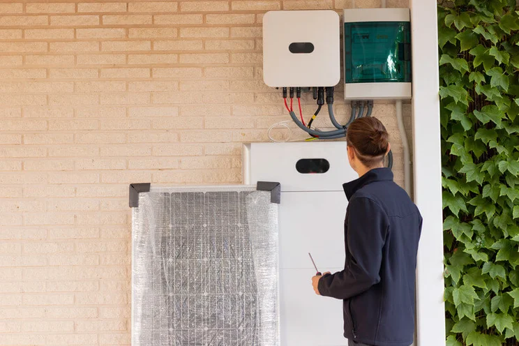 Engineer looking at a solar battery with an solar panel still wrapped in protective bubble wrap next to it.