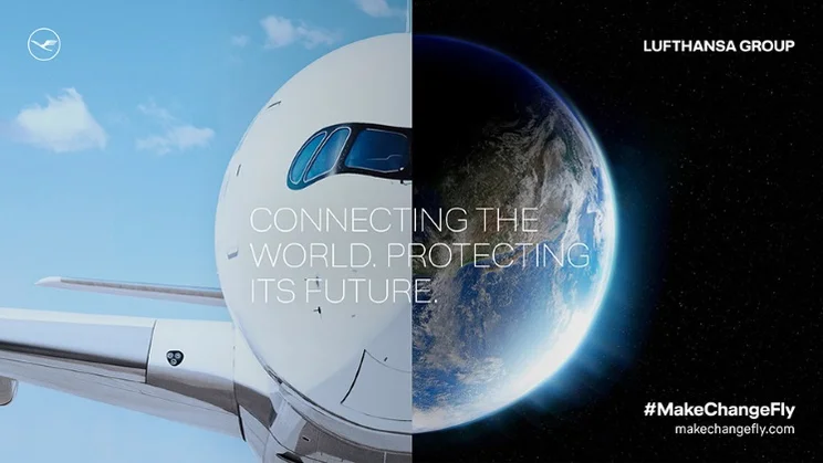 lufthansa's advert with a plane next to the Earth and the text 'connecting the world. protecting its future.'