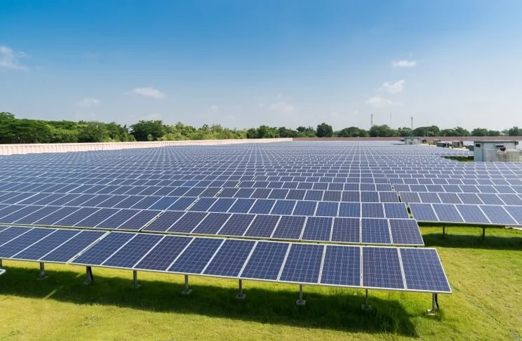 a solar farm in a field on a sunny day